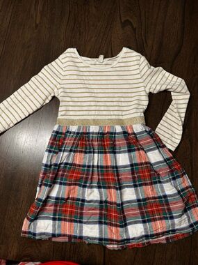 Crewcuts Girls White and Gold Striped Top with Red Green Plaid Skirt